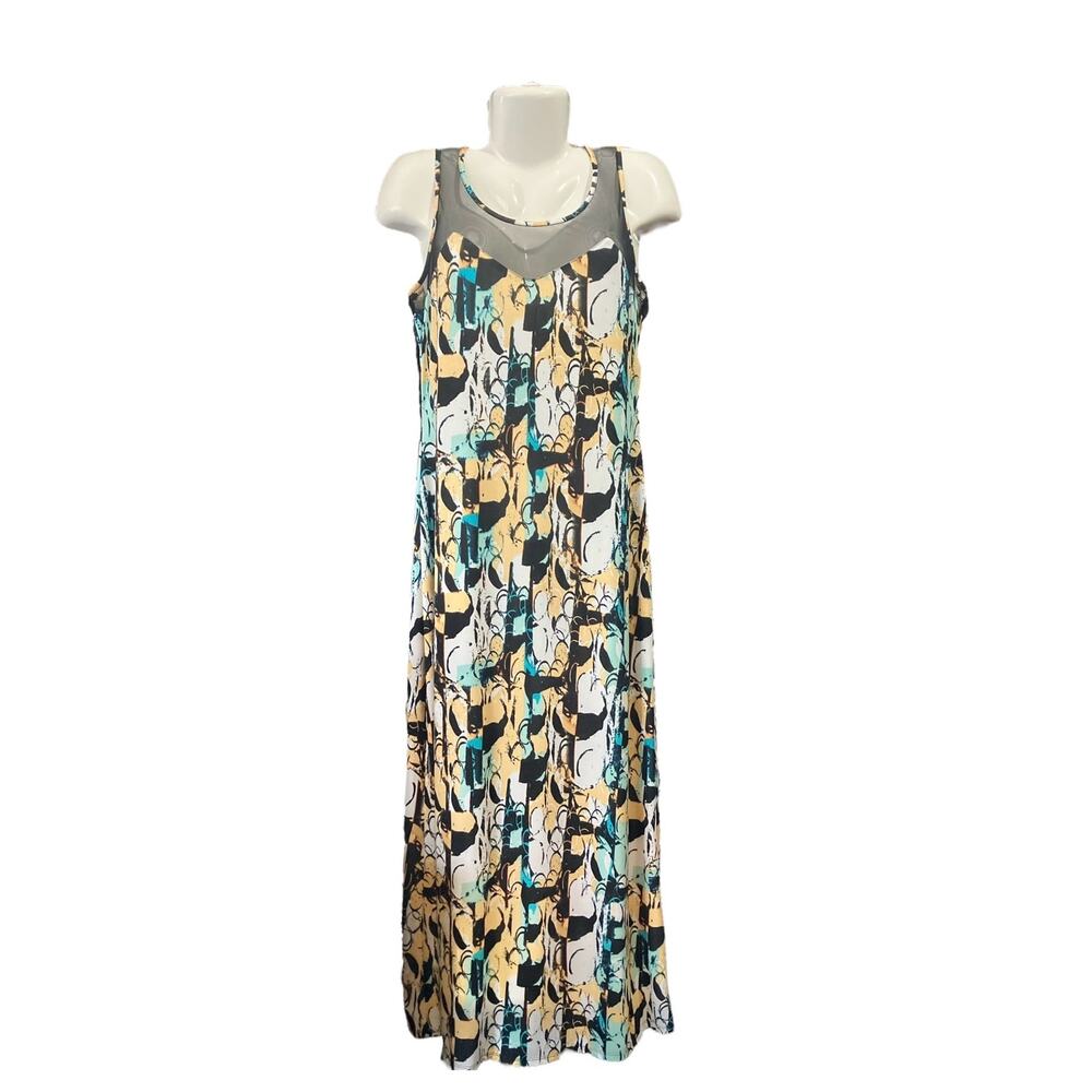 Milano Women's Artsy Abstract Sheer Mesh Panel Neck Sleeveless Maxi Dress SZ L